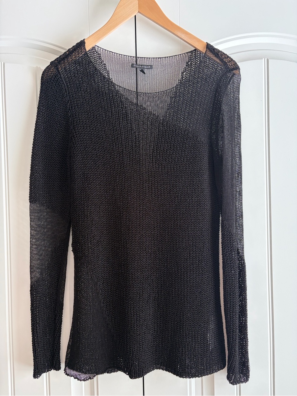 Eileen Fisher Black Open Weave Knit Long Sleeve Round Neck Sweater Women's Sz M